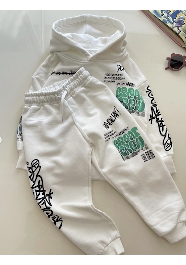 Unisex Çocuk Beyaz Renk Alt Üst Eşofman Takımı Graffiti Baskı Desen Beyaz