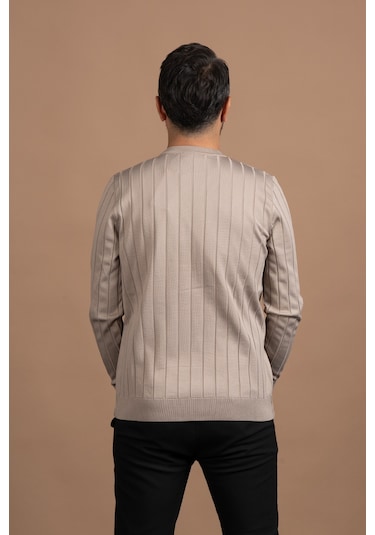 Sıfır Yaka Kendinden Çizgili Likralı Akrilik Mevsimlik Kazak Açık Kahverengi