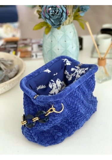 El Yapımı Gece Mavisi Yün Örgü El Çantası Mavi