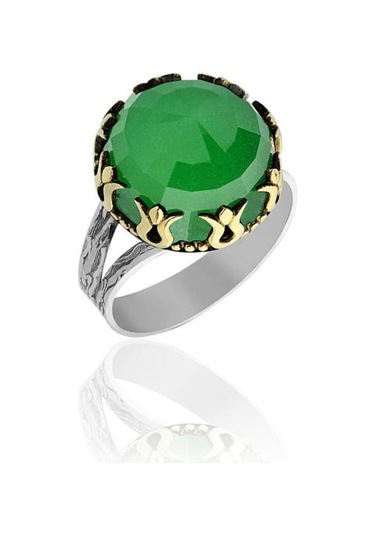 Zümrüt Taşlı Lale Motifli Yuvarlak Otantik Gümüş Kadın Set Rs10025