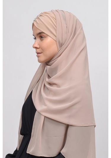 Altobeh Zarif Taşlı Drapeli Hazır Pratik Şifon Kadın Tesettür Şal - Açık Latte