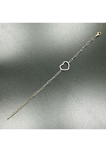 Kalp, Zirkon Taşlı, Pirinç Üzeri Kaplama Bileklik 361 , Zincir Gümüş Renk Altın