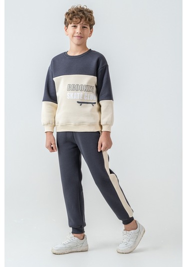Erkek Çocuk Brooklyn Skat Clup Baskılı 3 İplik Kalın Kışlık Eşofman Takımı Ak4228 Füme