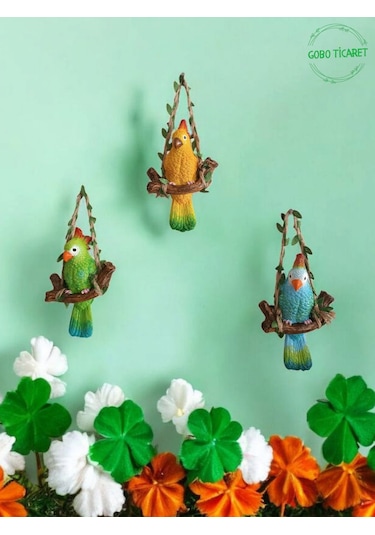 2 Adet Dekoratif Sallanan Duvar Ve Bahçe Süs Kuş Biblo Yeşil-sarı