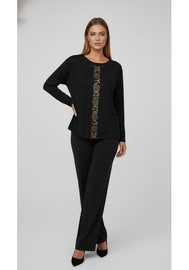 Taş Desenli Uzun Kollu Bambu Viskon Kumaş Bluz Siyah 2