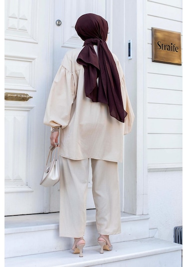 Balon Kol Tesettür Bej Takım Bej