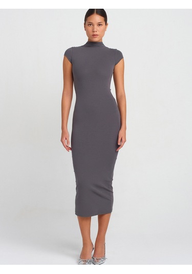 Dilvin 91296 Dik Yaka Midi Elbise Füme