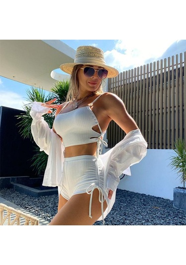 Düz İpli Bikini Mayo Kadın İki Parça Mayo Yüksek Bel Bikini Seti Yaz Plaj Mayo Beyaz