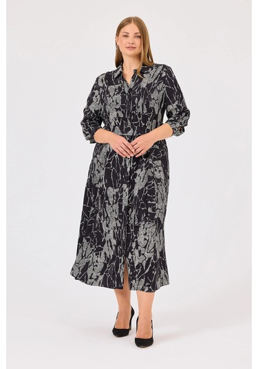 Galaxi Kadın Büyük Beden Desenli Cep Detaylı Elbise 4015 Siyah Siyah