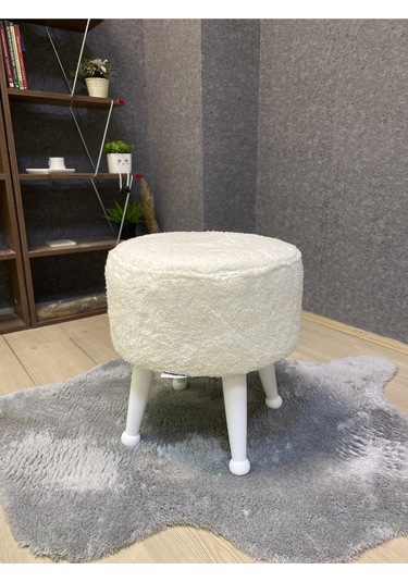Asedia Miskin Lake Teddy Krem Ahşap Ayaklı Peluş Puf Makyaj Koltuğu Yuvarlak Tabure