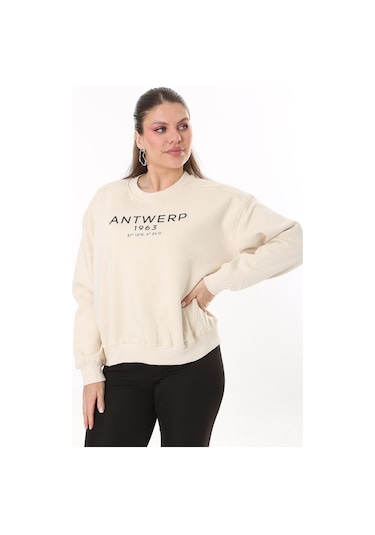 Kadın Büyük Beden Bej İçi Şardonlu Kumaş Ön Baskılı Sweatshirt 65n37719-bej Bej