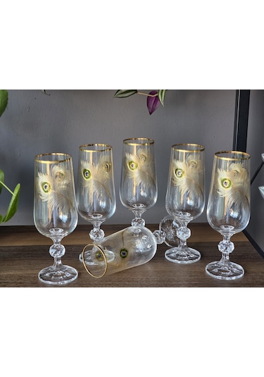 Fermato 6 'lı 24k El İşçiliği - Gerçek Altın İşlemeli 180 Cc'lik Kahve Yanı Kristal Bardak Peacock Gold Çok Renkli