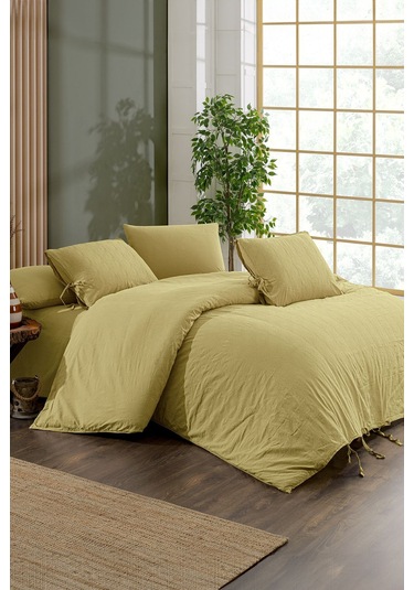 Dante Nakışlı %100 Pamuk Natürel Çift Kişilik Nevresim Takımı Yeşil Pudra