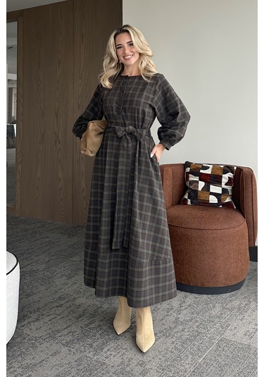 Haki Ekoseli Kuşaklı Uzun Elbise - 1235 Haki