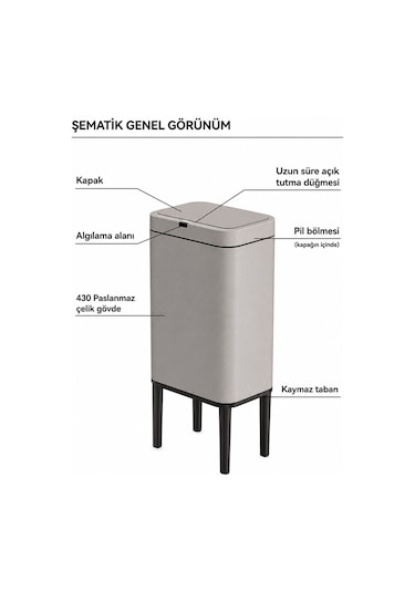 Kobos Sensörlü Çöp Kovası Ayaklı 5l Açık Gri Kbscjah6602l