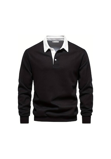 Ghassy Co. Erkek Retro Renk Bloklu Pamuklu Gömlek Yaka Sweatshirt Siyah