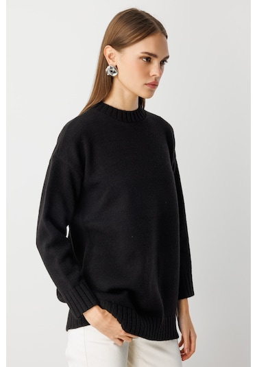 Mizalle Yuvarlak Yaka Oversize Siyah Triko Kazak Siyah
