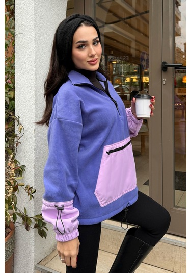 Tommy Life Açık Eflatun Etek Ucu Büzgülü Yarım Fermuarlı Oversize Kadın Polar Sweatshirt - 97238 Eflatun