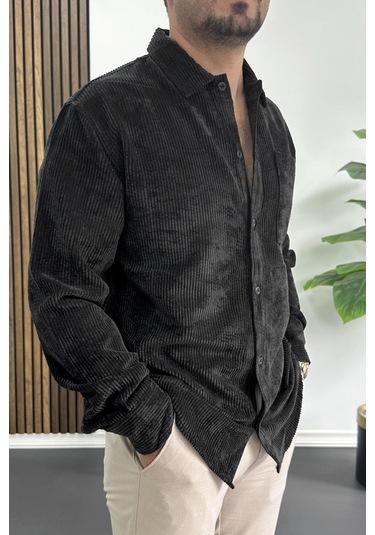 Erkek Kadife Kumaş Gömlek Siyah Edw415 Siyah