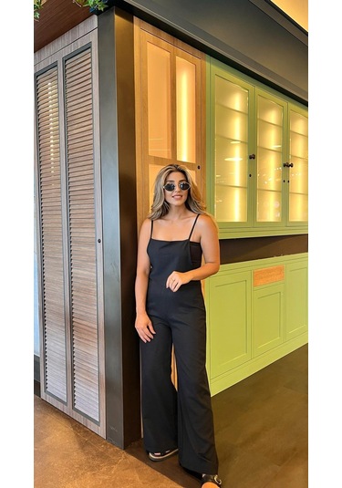 Soonaksesuar Kadın Askılı Yandan Fermuarlı Geniş Paçalı Valencia Tulum Siyah