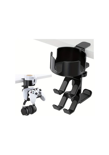 Xuweiwei Kwtoul Siyah Alüminyum Oyun Kumandası Tutucu 3ü 1 Arada Masa Bardak Tutucu 360 Derece Dönüşlü Kulaklık Standı Evrensel Uyumlu Siyah