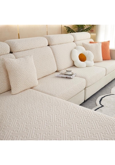 Kırık Beyaz Peluş Kanepe Koltuk Kılıfı Oturma Odası İçin Köşe Kanepe Seti Plus L 3 Seater