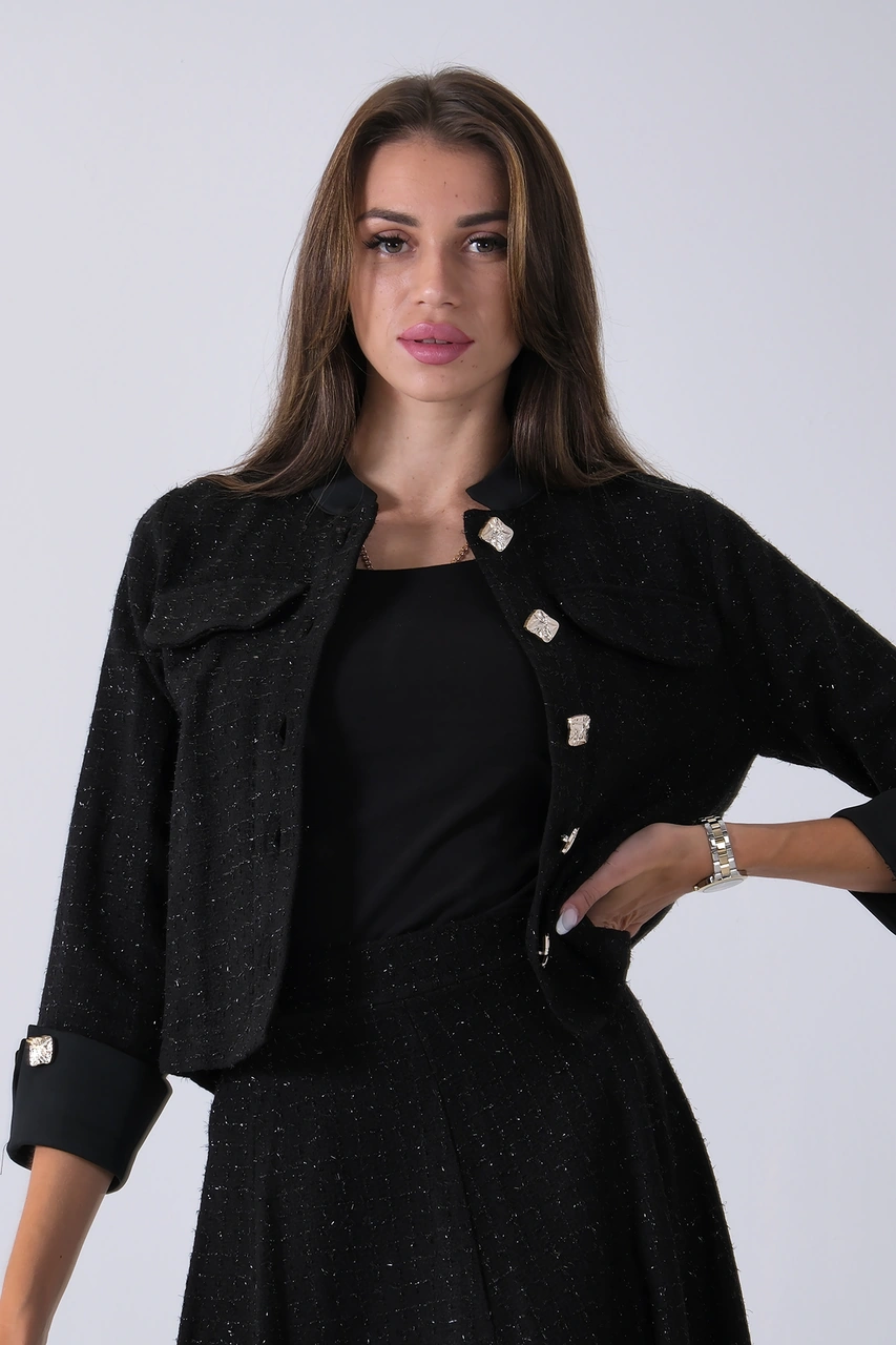 Feminist Siyah Önü Düğme Kapamalı Crop Ceket Etekli Tüvid Takım 45950601.01 Siyah