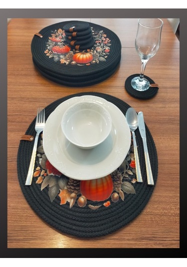 6 Kişilik 12 Parça Amerikan Servis, Hasır Supla Takımı, Tabak Alt Siyah