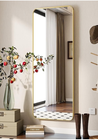 Pera 140x55 Yuvarlak Köşeli Yer Aynası Ayaklı, Asılı, Duvara Yaslı, Yatak Odası, Giyinme Odası Gold