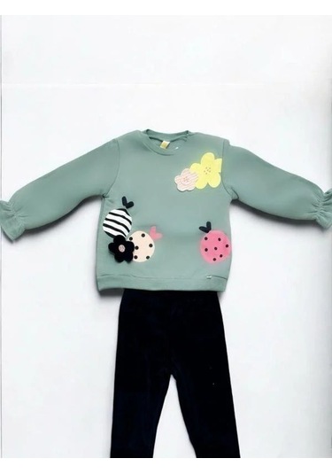 Kız Çocuk Çiçek Desenli İçi Şardonlu Kadife Taytlı Takım-14515 Yeşil