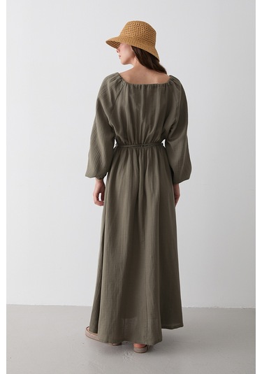 Çağla Bağlama Detaylı Müslin Elbise - 2004 Çağla