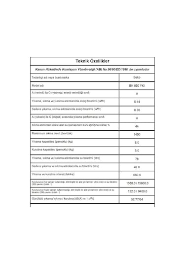 Beko BK 850 YKI 1400 Devir 8 KG + 5 KG Kurutmalı Çamaşır Makinesi