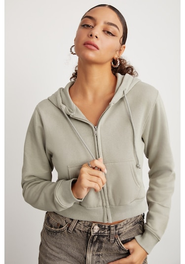 Delıa Kadın Crop 3 Iplik Şardonlu Örme Relaxed Fit Fermuarlı Kapüşonlu Çağla Yeşili Sweatshirt