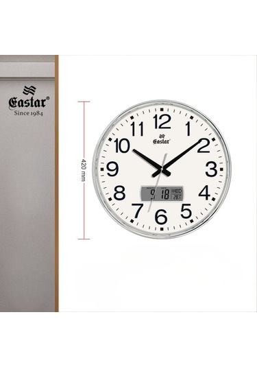 Eastar A5602 S Dev Boy 42 Cm Takvim Ve Sıcaklık Göstergeli Duvar Saati Gümüş