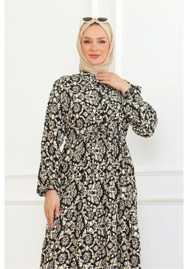 Viskon Elbise Bağlamalı - Siyah/krem Siyah/krem Siyah - Krem