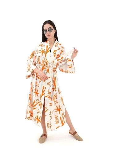 Baskılı Keten Kimono - Turuncu-turuncu Turuncu