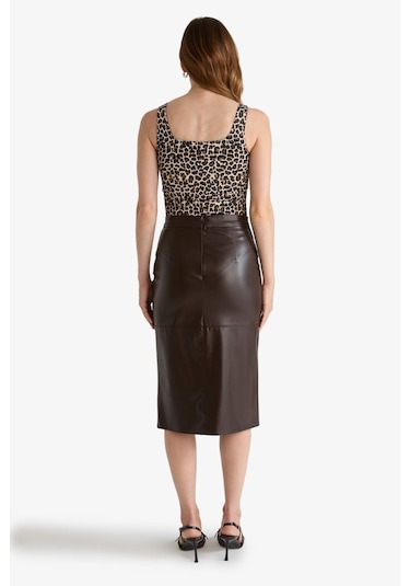 Defacto Kalem Yüksek Bel Penye Astar Suni Deri Midi Etek D4638ax25aubn116 Kahve