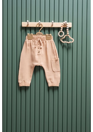 Bebek Müslin Şalvar Düğmeli Pantolon 6 Ay 3 Yaş Bej
