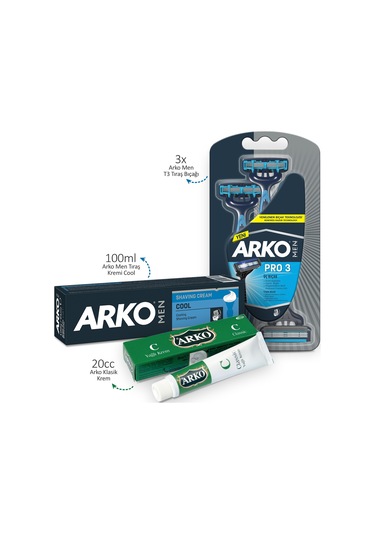 Arko Men T3 Pro3 Tıraş Bıçağı 3'lü + Arko TIraş Kremi Cool 100 ML + Arko Klasik Krem 20 ML