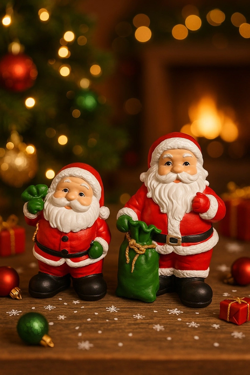 Yılbaşı Christmas 2 Li Noel Baba Temalı Yılbaşı Masası İçin Dekoratif Biblo Hediye Set 9 Cm & 11 Cm Çok Renkli