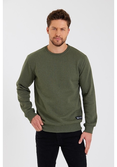 MMetalic Bisiklet Yaka Etiket Detayı İçi Pamuklu Erkek Sweatshirt Haki