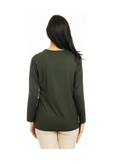 Yeni Sezon Kadın Orta Yaş ve Üzeri Yeni Desen Triko Yaka Likralı Anne Penye Bluz 30520-haki Yeşili