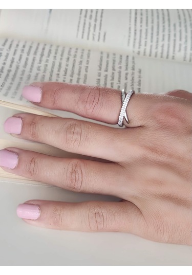 Çapraz X Model Zirkon Taşlı Ayarlanabilir Silver Gümüş Renkli Yüzük Silver