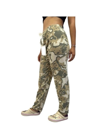 Kadın Desenli Yumuşak Polar Kışlık Pijama Eşofman Tek Alt Haki