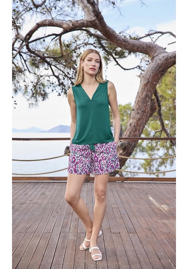 Monamise Kadın Desenli V Yaka Askılı Alt Üst Takım 25020 Yeşil