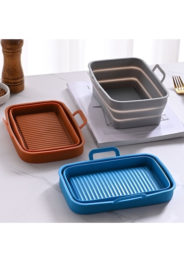 Ranyeek Ninja Dz201410 Uzun Yassı Silikon Hava Fritöz Tepsisi, Çift Sepet, Katlanabilir, Anti Yapışkan, Kolay Temizleme Gri Diğer