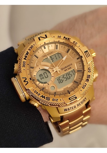 Quamer Erkek Kol Saati Analog Ve Digital Metal Sarı Kordonlu 2177 Sarı