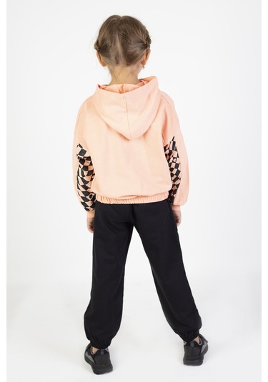 Kız Çocuk İki İplik Kumaş Orta Kalınlıktaa Baskılı Örme Basic Eşofman Takımı Somon