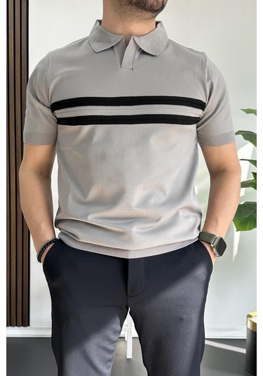 Erkek Açık Yaka Çizgli Tişört Gri Edw236 Gri