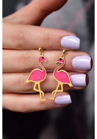 925 Ayar Gümüş Gold Kaplama Parlayan Rüya Serisi Tasarım Ebruli Cam Boyalı Flamingo Küpe